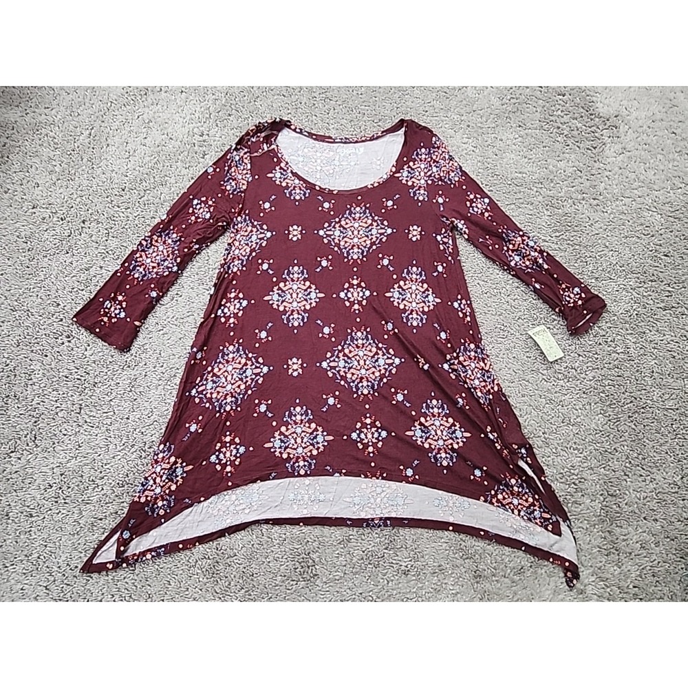Mudd Tunic Top Womens L Burgundy Floral Medallion Handkerchief Hem Boho Hippie